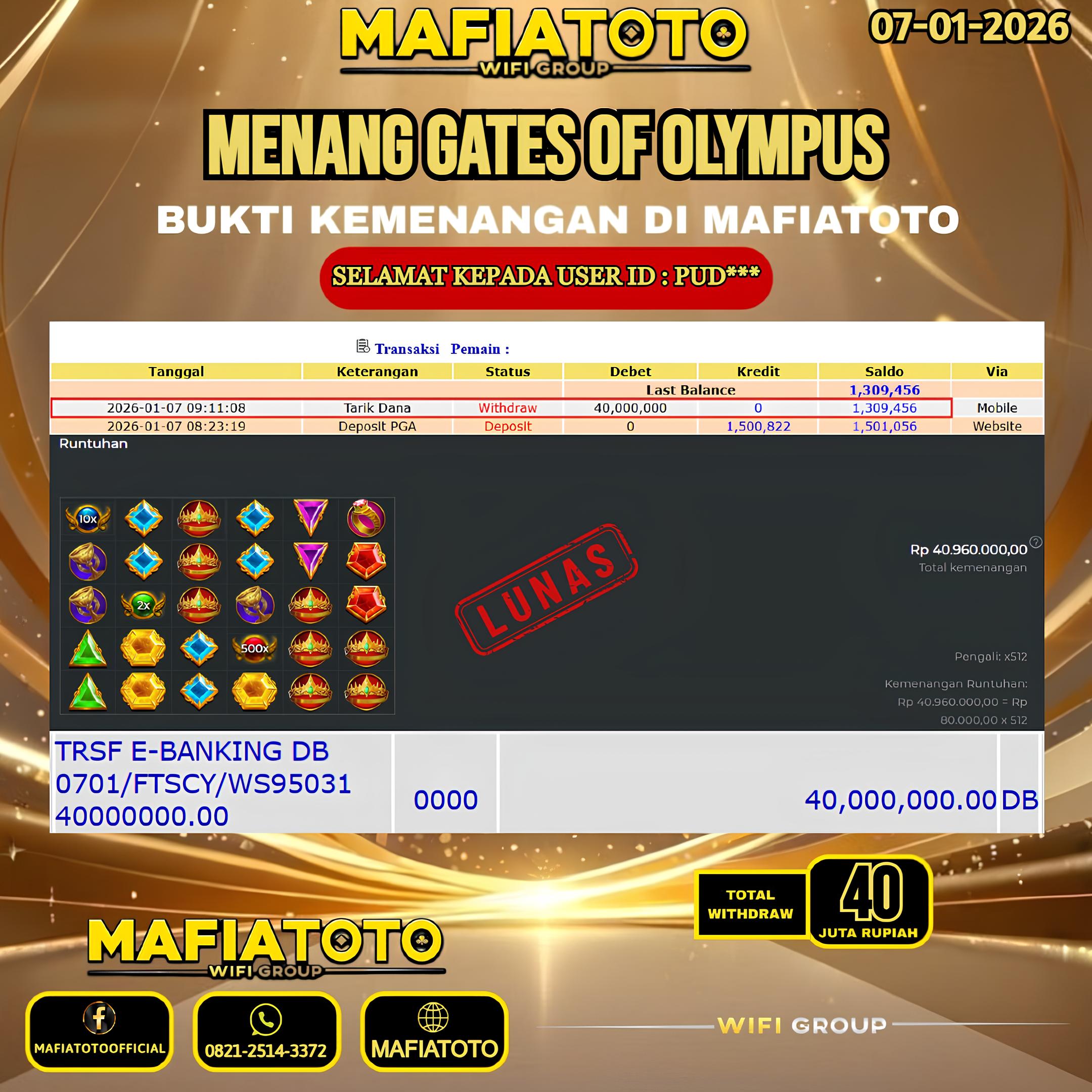 MAFIATOTO JACKPOT SLOT GATES OF OLYMPUS RP.40.000.000 - LUNAS ID : PUD***