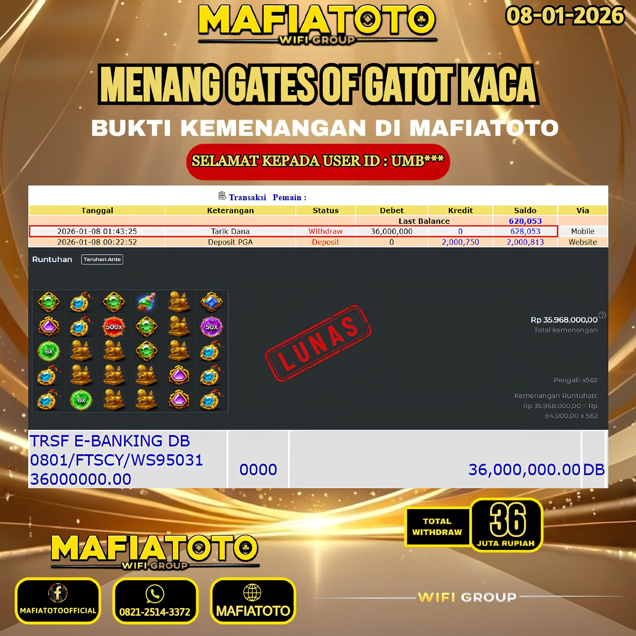 MAFIATOTO JACKPOT SLOT GATES OF GATOT KACA RP.36.000.000 - LUNAS ID : UMB***