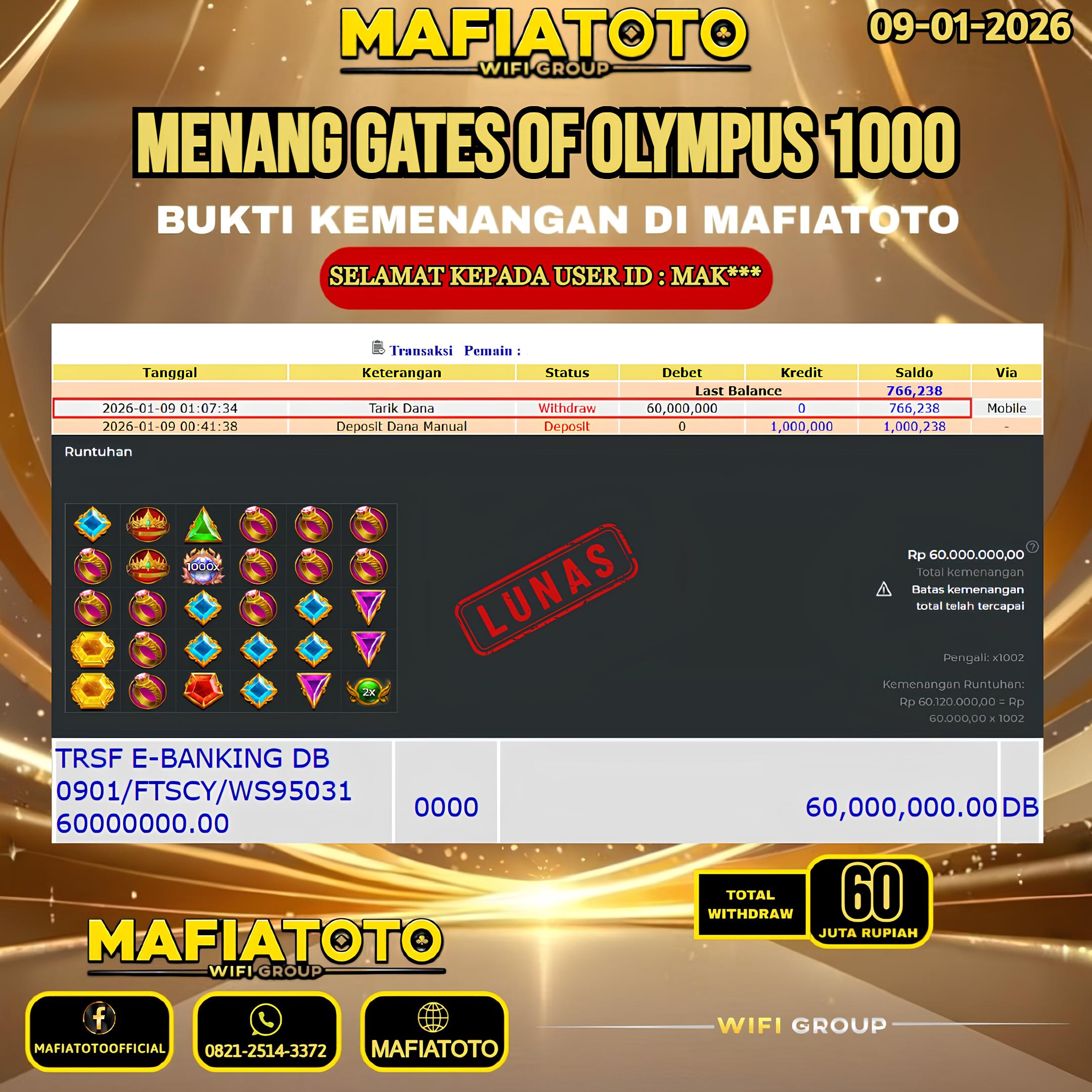 MAFIATOTO JACKPOT SLOT GATES OF OLYMPUS 1000 RP.60.000.000 - LUNAS ID : MAK***