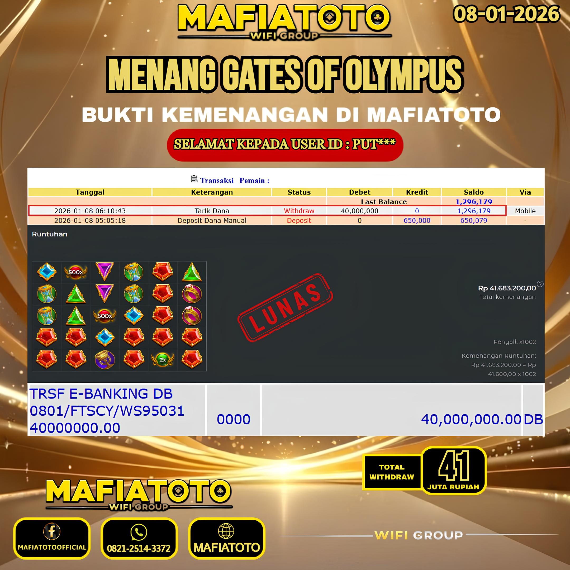 MAFIATOTO JACKPOT SLOT GATES OF OLYMPUS RP.41.000.000 - LUNAS ID : PUT***