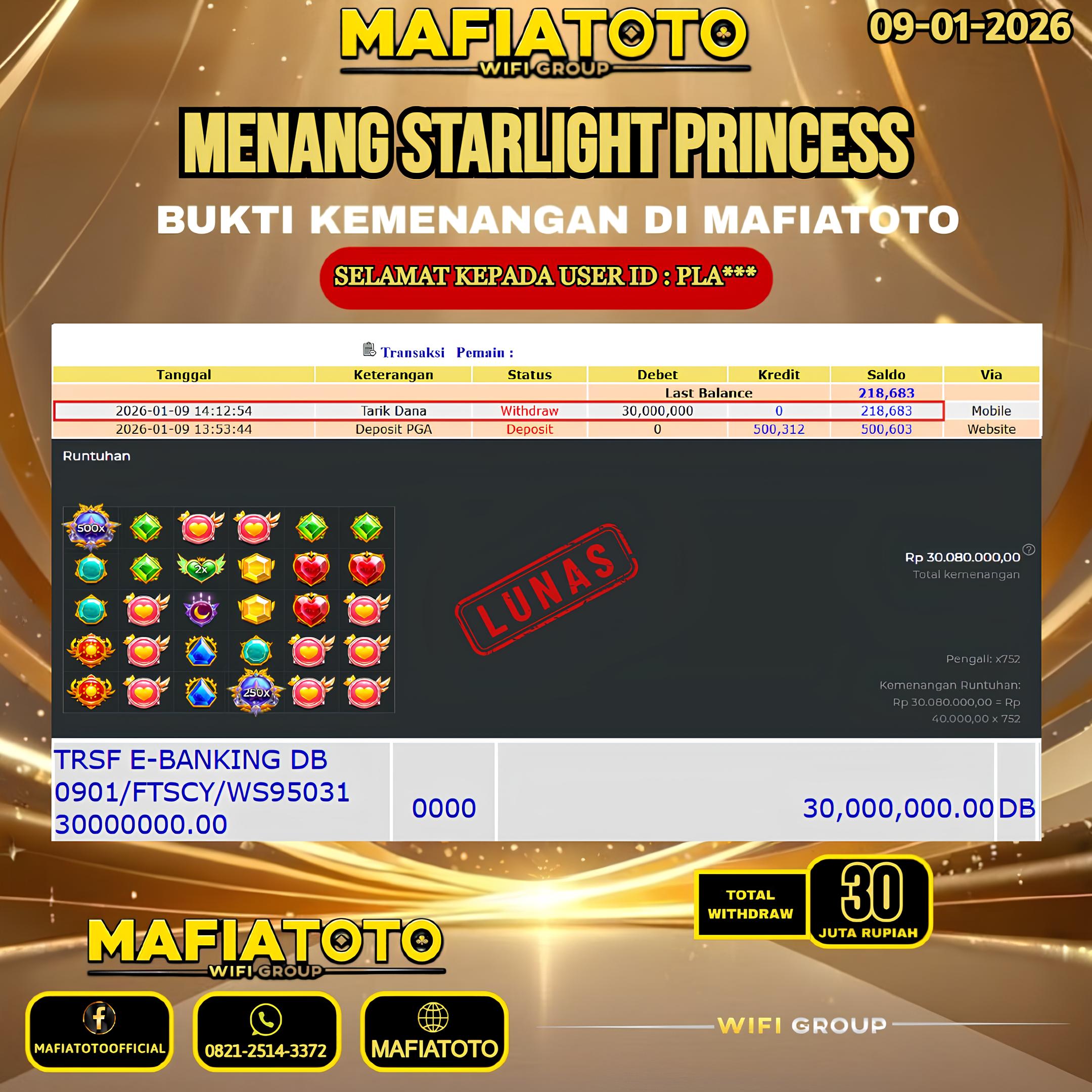 MAFIATOTO JACKPOT SLOT STARLIGHT PRINCESS RP.30.000.000 - LUNAS ID : PLA***